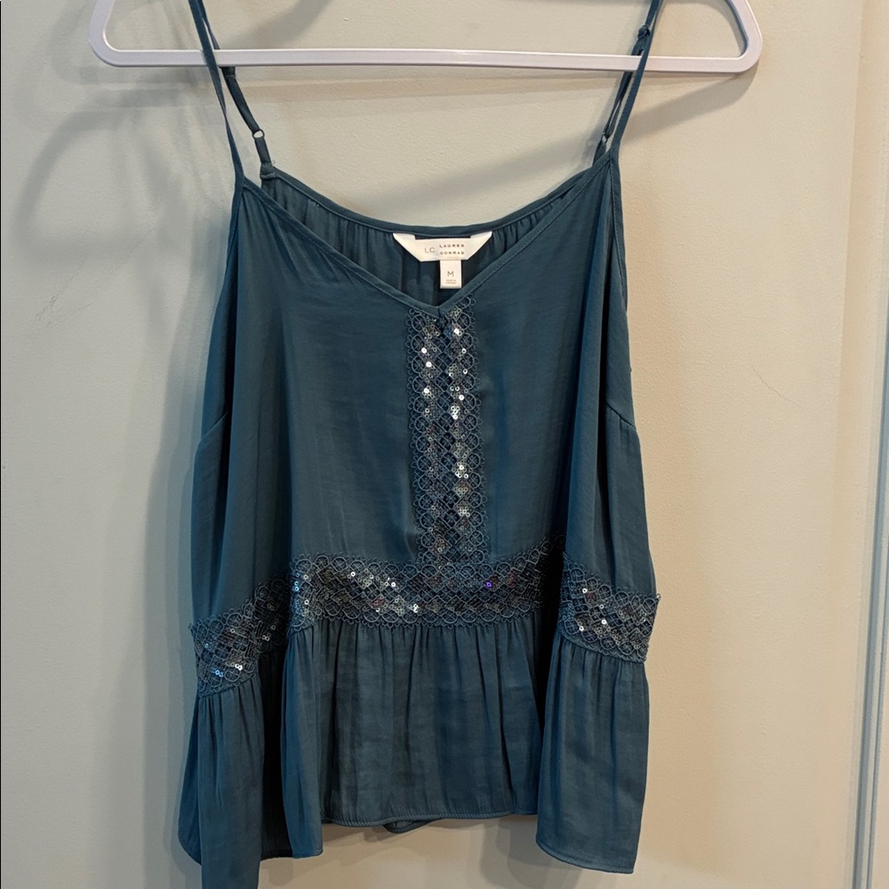Lauren Conrad LC Blue Embellished Camisole with sequins and lace